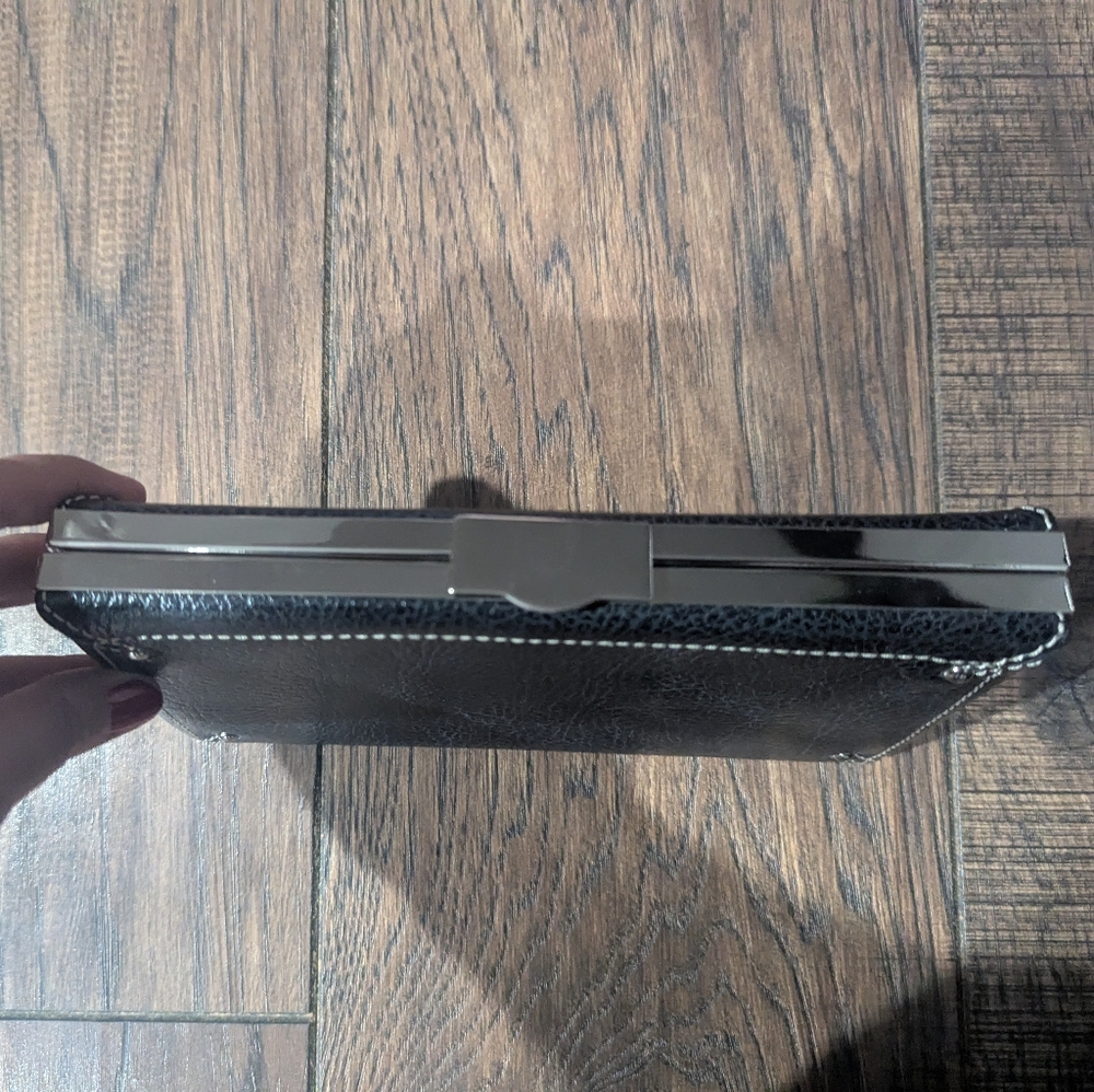 Nordstrom Black Leather Snap Clutch Silver Accents Classic Elegant NWOT Unmarked - Picture 2 of 8